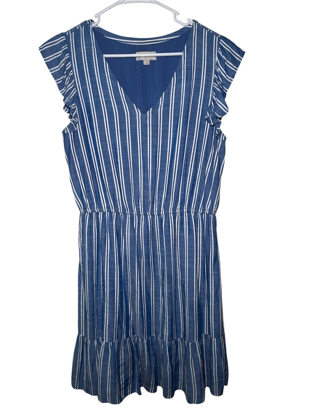 Loft Womens Blue White Stripe V-Neck Ruffle Sleeve Dress Midi Casual Nautical Fl